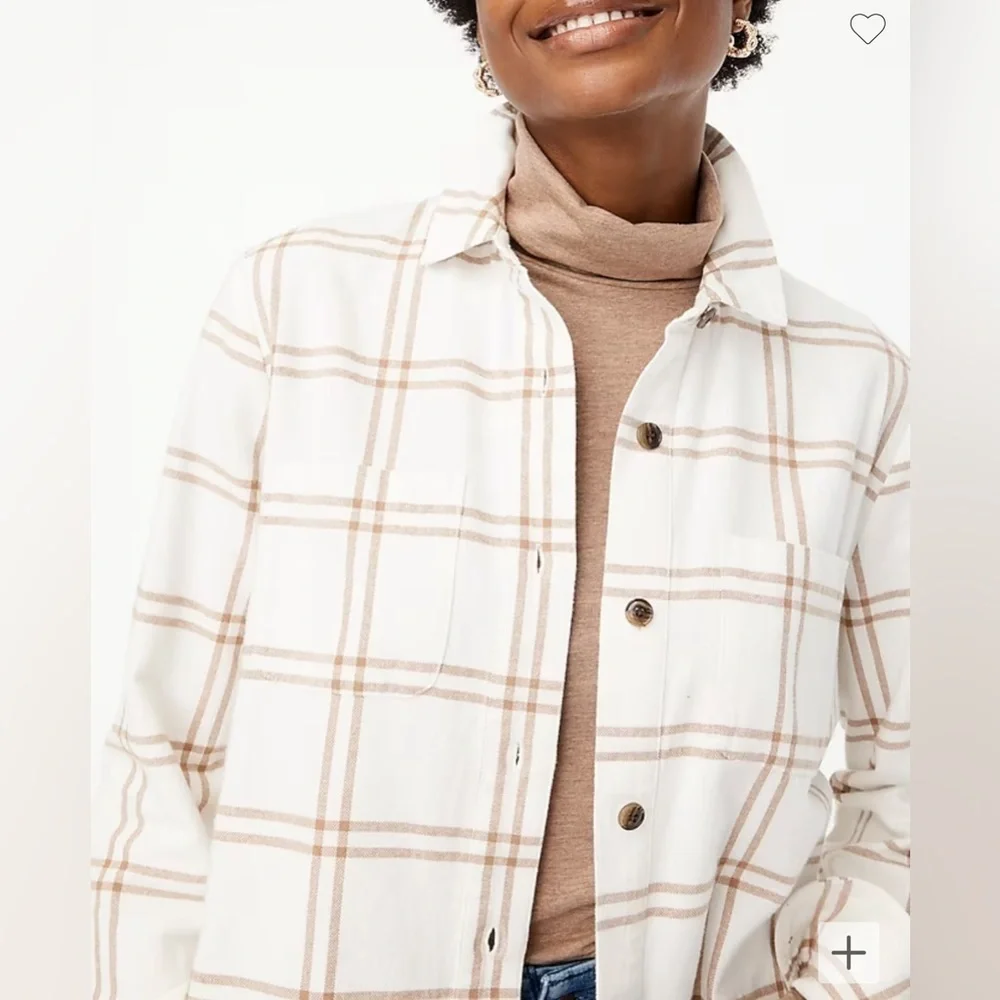 J. Crew Women’s Plaid flannel shirt-jacket with‎ Pockets Size Medium Ivory Camel